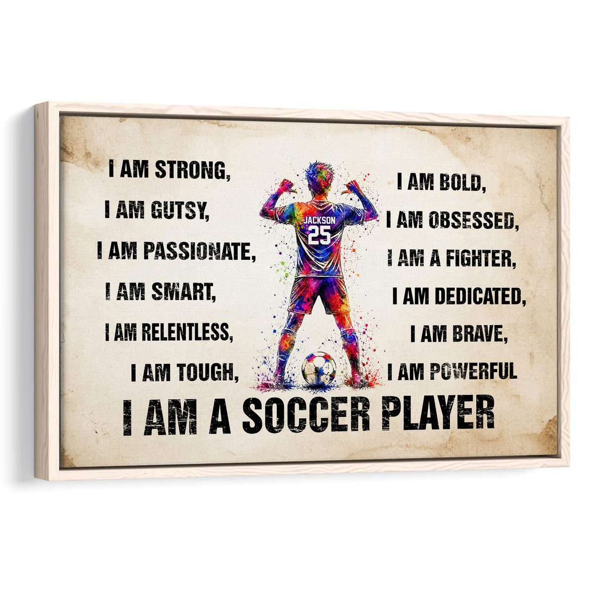 Framed soccer wall art featuring a colorful player, soccer ball, and motivational sports affirmations