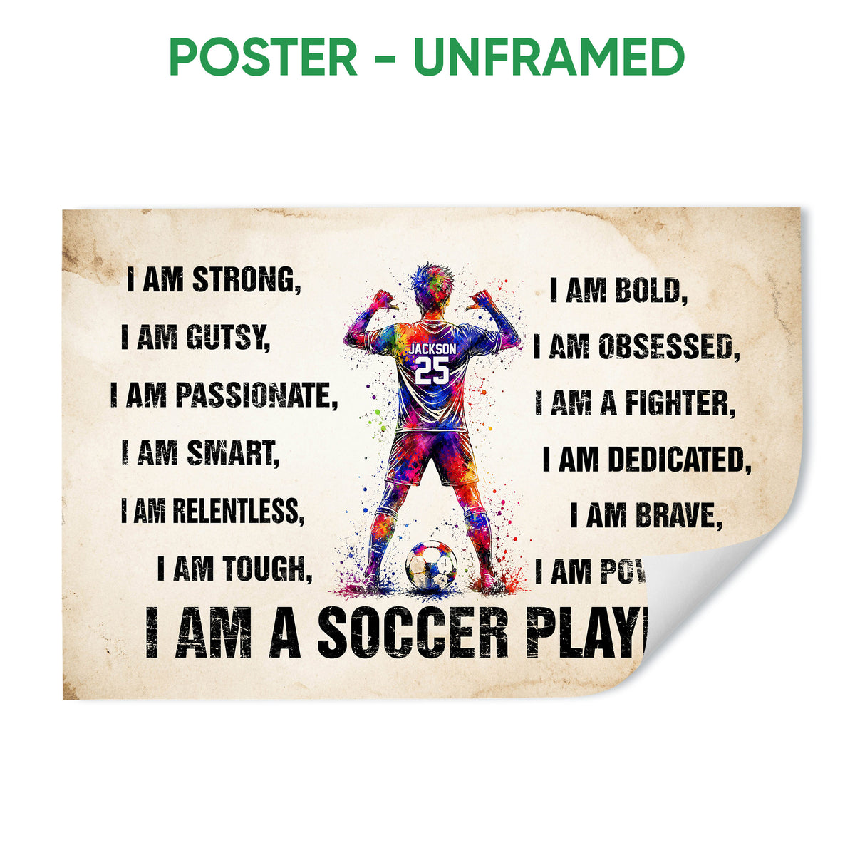 Unframed soccer poster with a colorful player, soccer ball, and bold motivational affirmations