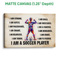 Matte canvas soccer wall art showing a colorful player, soccer ball, and distressed motivational design