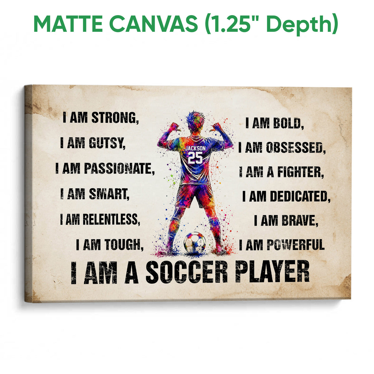 Matte canvas soccer wall art showing a colorful player, soccer ball, and distressed motivational design