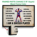 Black framed canvas soccer wall art with colorful player artwork and bold motivational sports wording