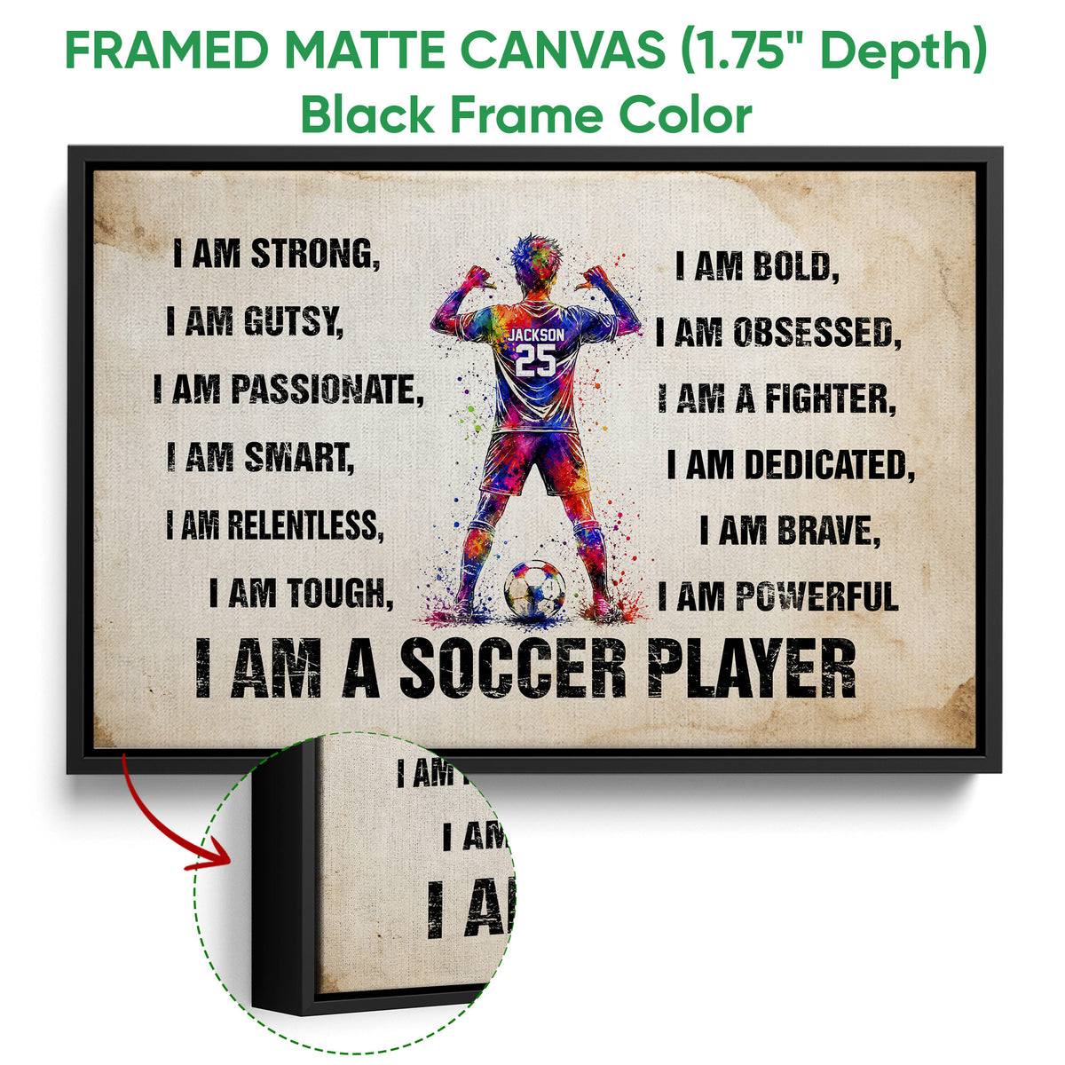 Black framed canvas soccer wall art with colorful player artwork and bold motivational sports wording