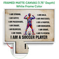 White framed canvas soccer wall art with colorful player artwork and motivational affirmations
