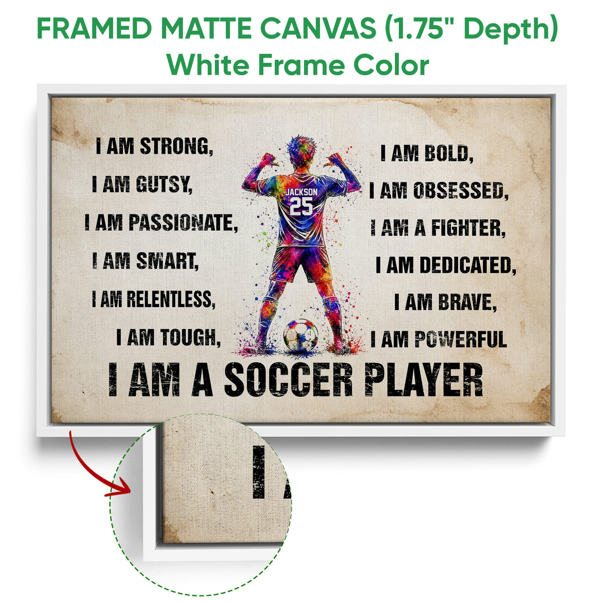 White framed canvas soccer wall art with colorful player artwork and motivational affirmations