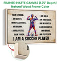 Natural wood framed soccer canvas featuring a colorful player, soccer ball, and inspirational design