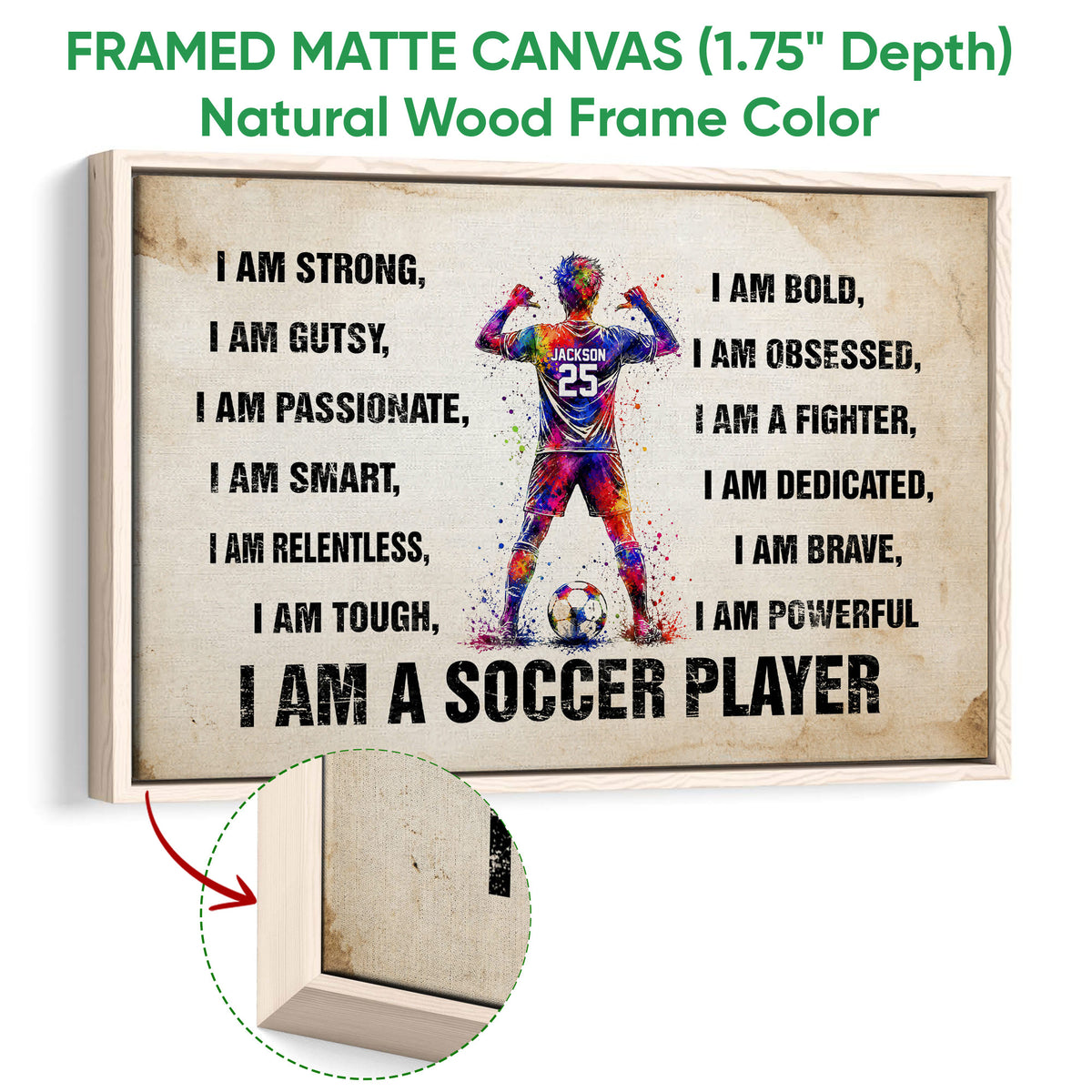 Natural wood framed soccer canvas featuring a colorful player, soccer ball, and inspirational design