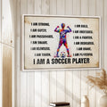 Framed soccer wall art displayed on a light wood wall in a bright home decor setting