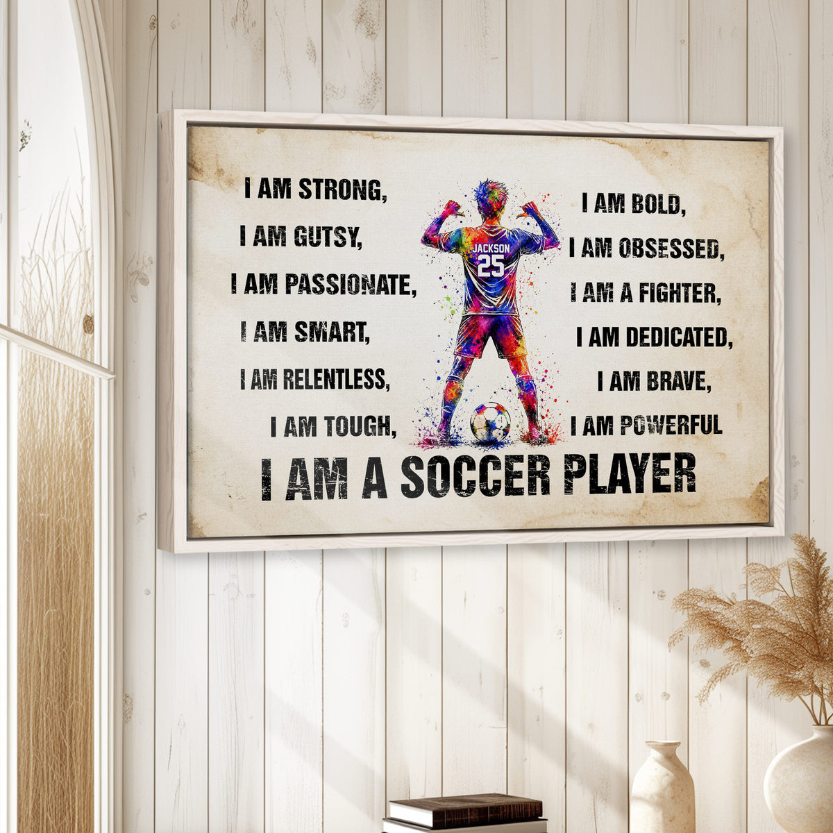 Framed soccer wall art displayed on a light wood wall in a bright home decor setting