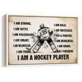 Framed hockey wall art featuring a goalie, motivational affirmations, and a distressed vintage-style background