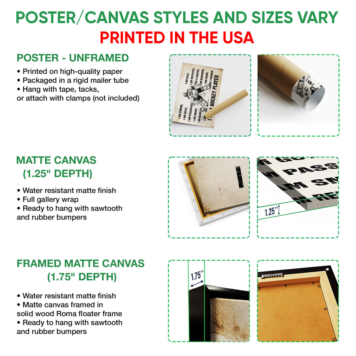 Hockey wall art format guide showing unframed poster, matte canvas, and framed canvas options
