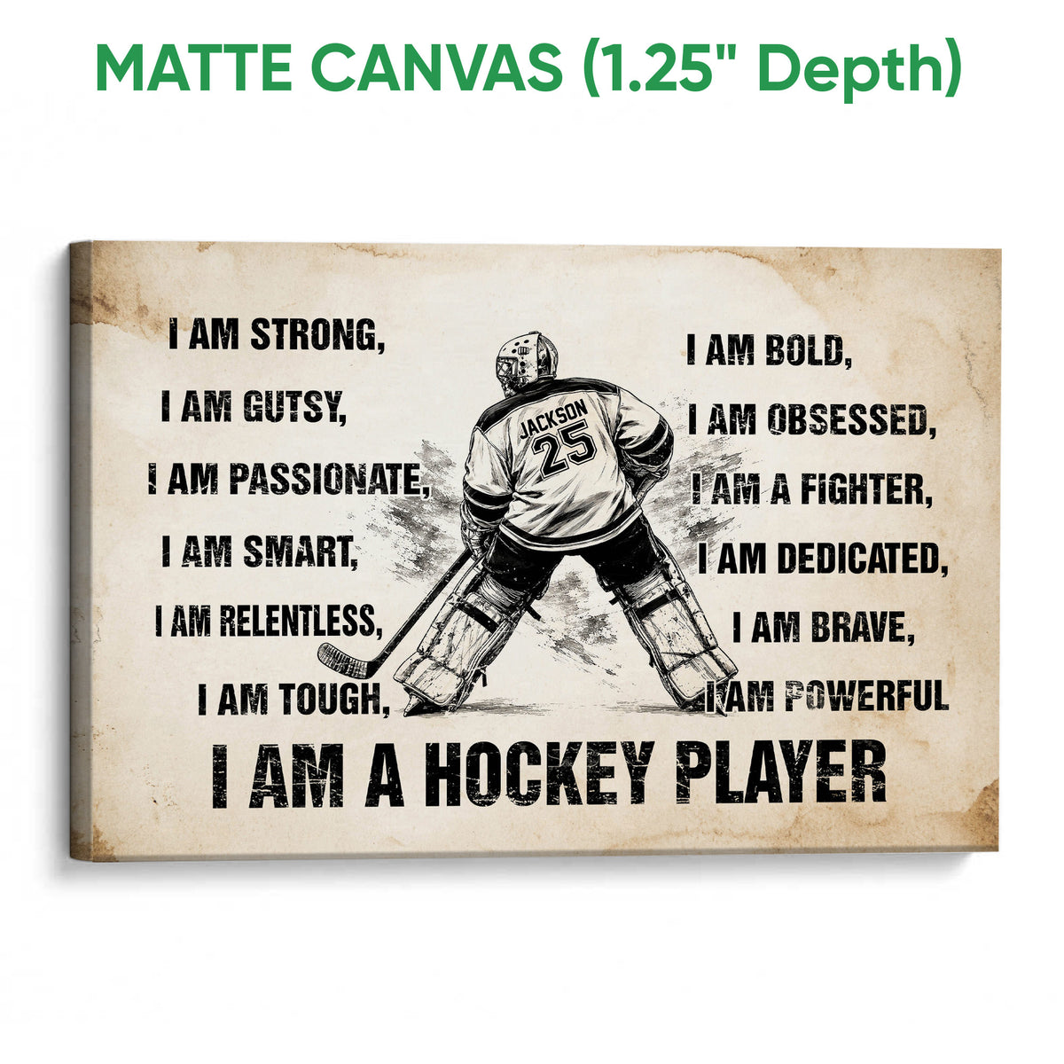 Matte canvas hockey wall art featuring an illustrated goalie and bold motivational affirmations