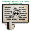 Black framed canvas hockey wall art with a goalie illustration and close-up canvas texture detail