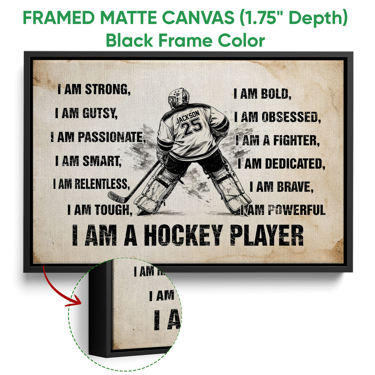 Black framed canvas hockey wall art with a goalie illustration and close-up canvas texture detail