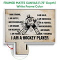 White framed canvas hockey wall art with a goalie illustration and close-up canvas texture detail