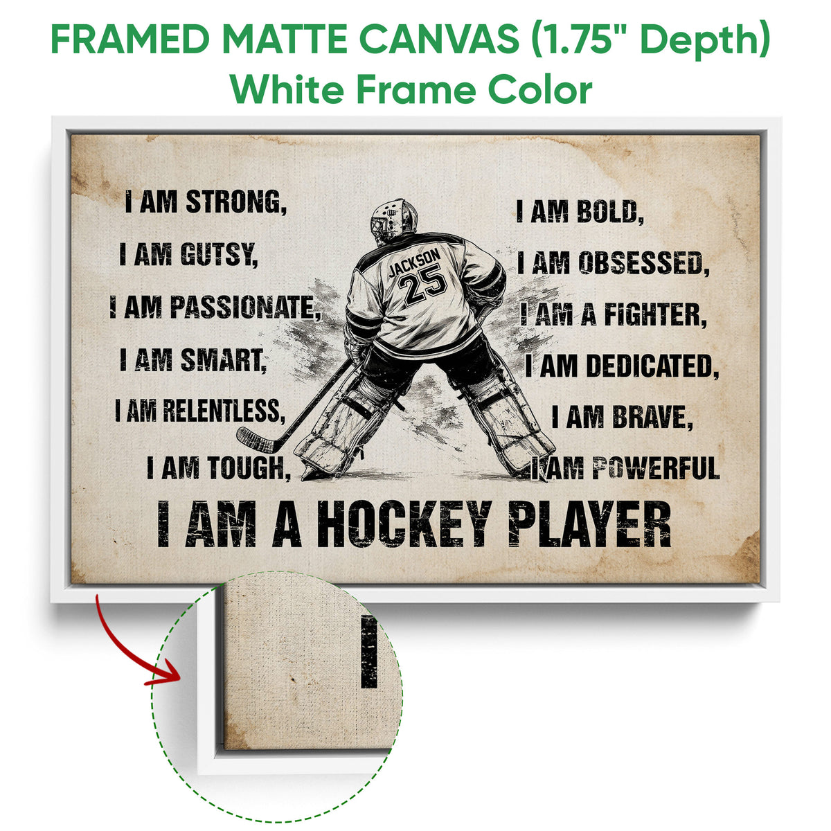 White framed canvas hockey wall art with a goalie illustration and close-up canvas texture detail