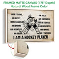 Natural wood framed hockey wall art featuring a goalie illustration and close-up frame detail