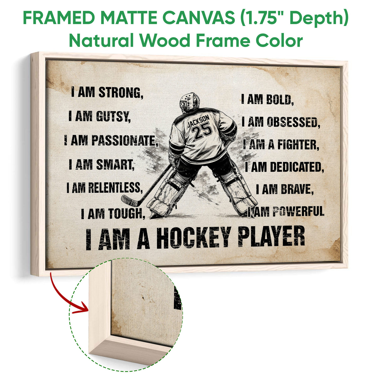 Natural wood framed hockey wall art featuring a goalie illustration and close-up frame detail