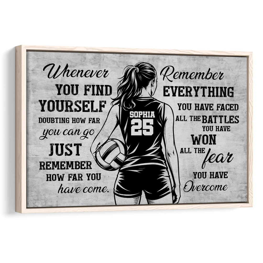 Framed volleyball wall art featuring a female player holding a volleyball beside motivational lettering