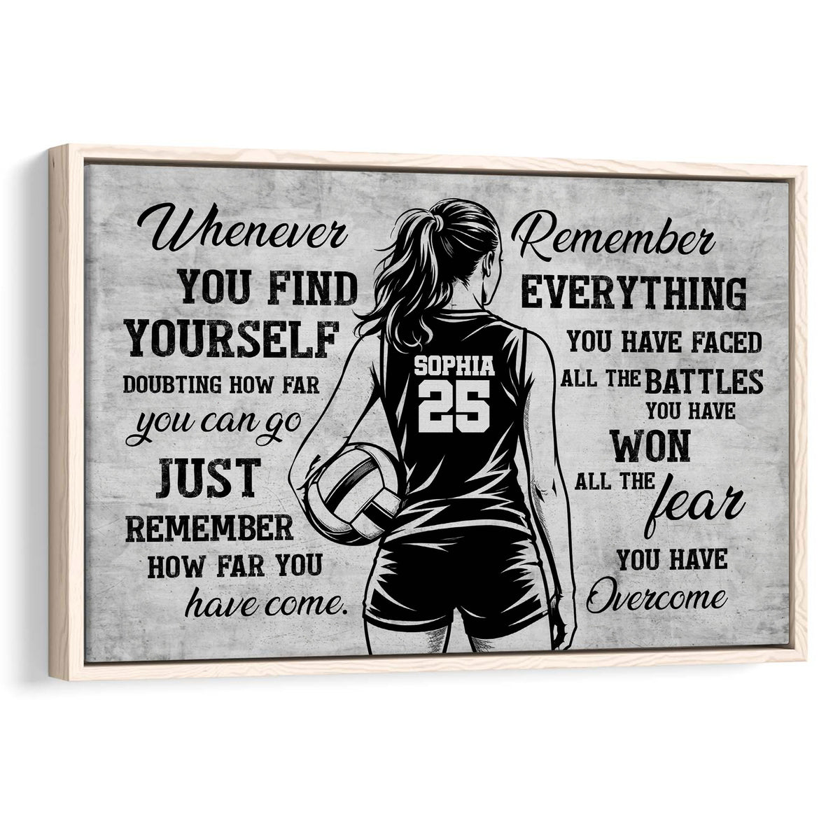 Framed volleyball wall art featuring a female player holding a volleyball beside motivational lettering