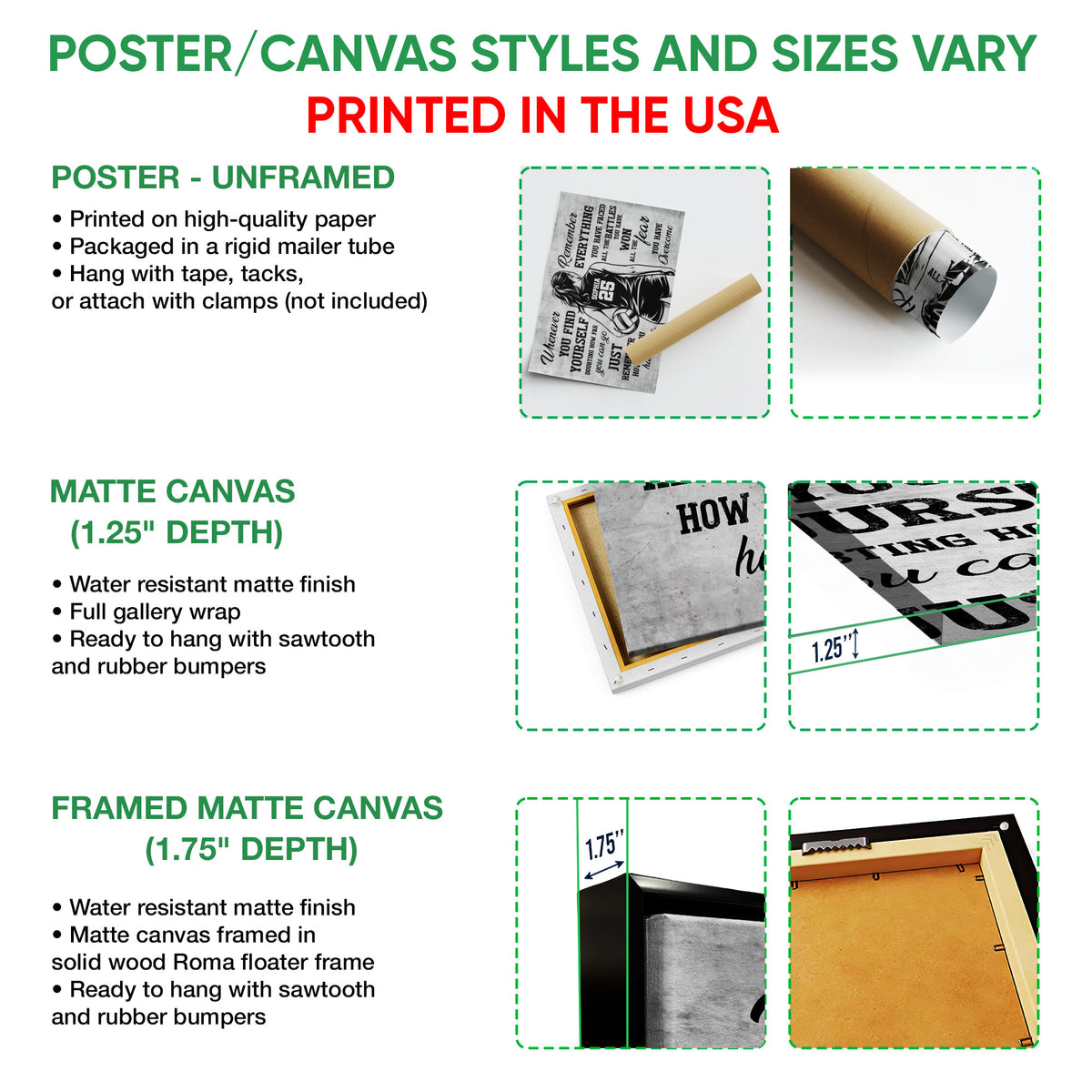 Poster or canvas wall art option guide showing unframed poster, matte canvas, and framed canvas styles