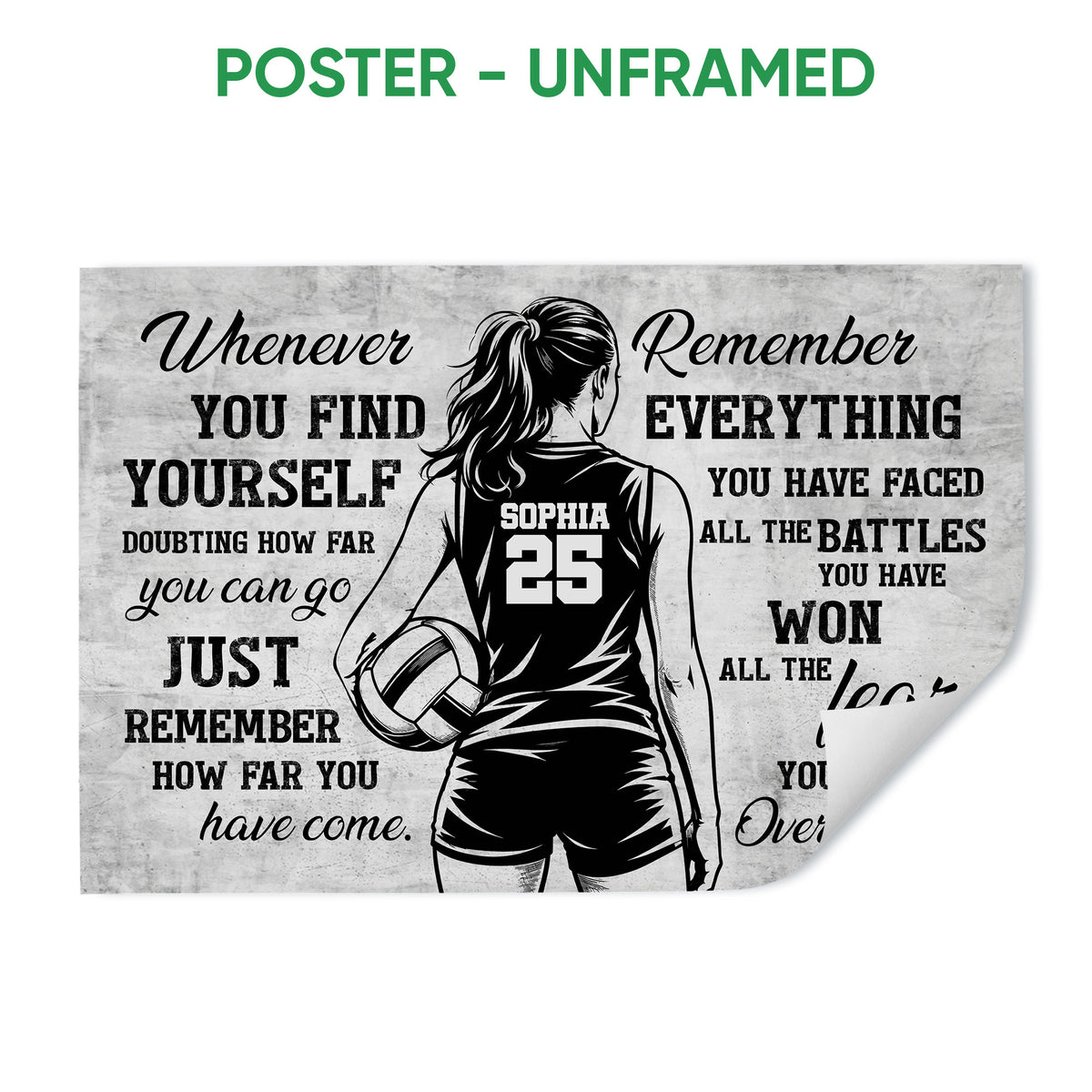 Unframed volleyball poster featuring a female player with a volleyball and motivational sports lettering
