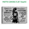 Matte canvas volleyball wall art showing a female athlete with a volleyball and inspirational message