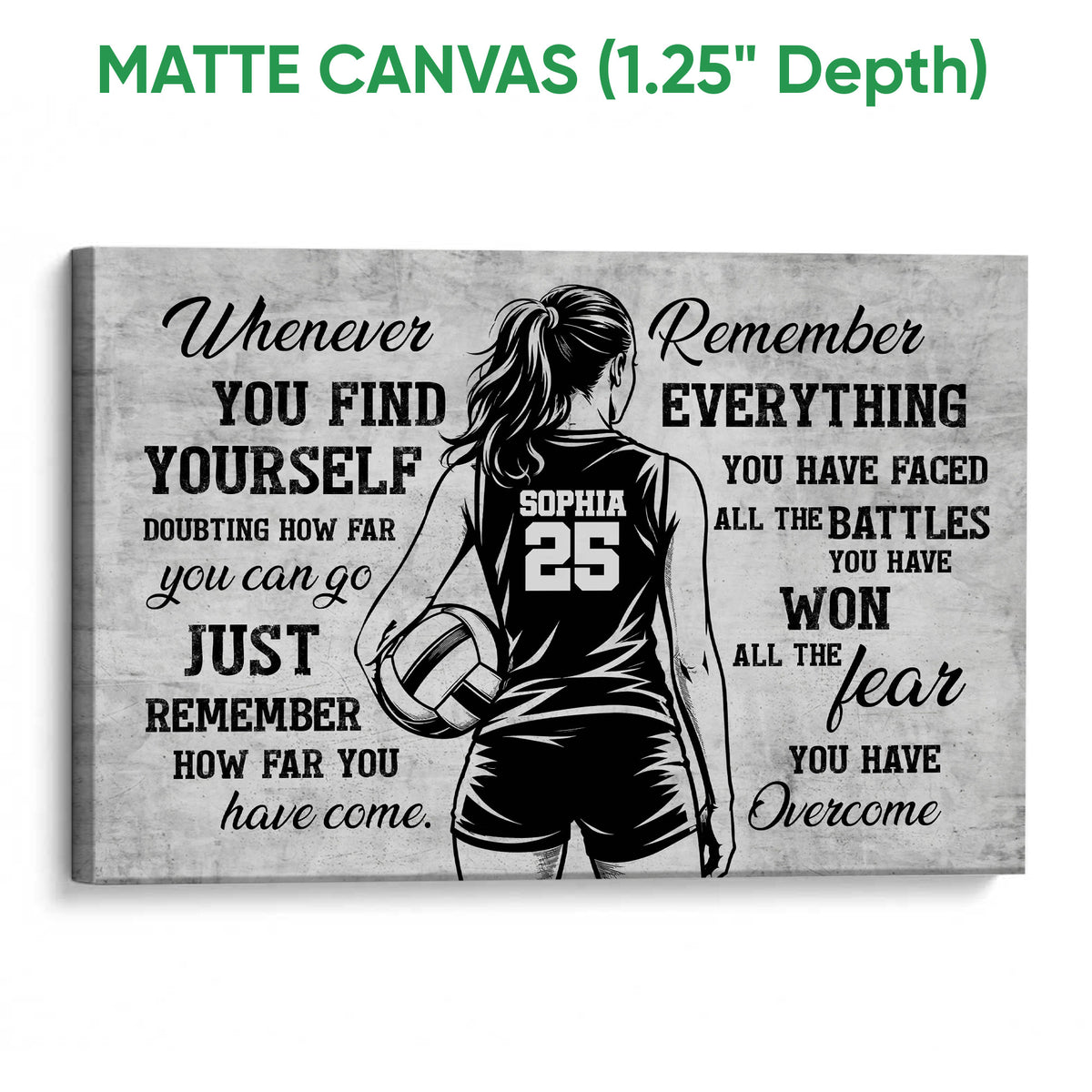Matte canvas volleyball wall art showing a female athlete with a volleyball and inspirational message