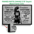 Black framed canvas volleyball wall art with a female player, volleyball, and bold motivational design