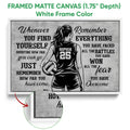 White framed volleyball canvas wall art with a female athlete and inspirational black and gray artwork