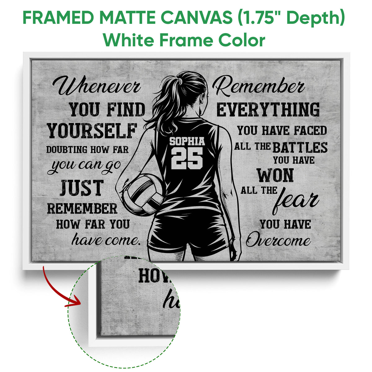 White framed volleyball canvas wall art with a female athlete and inspirational black and gray artwork