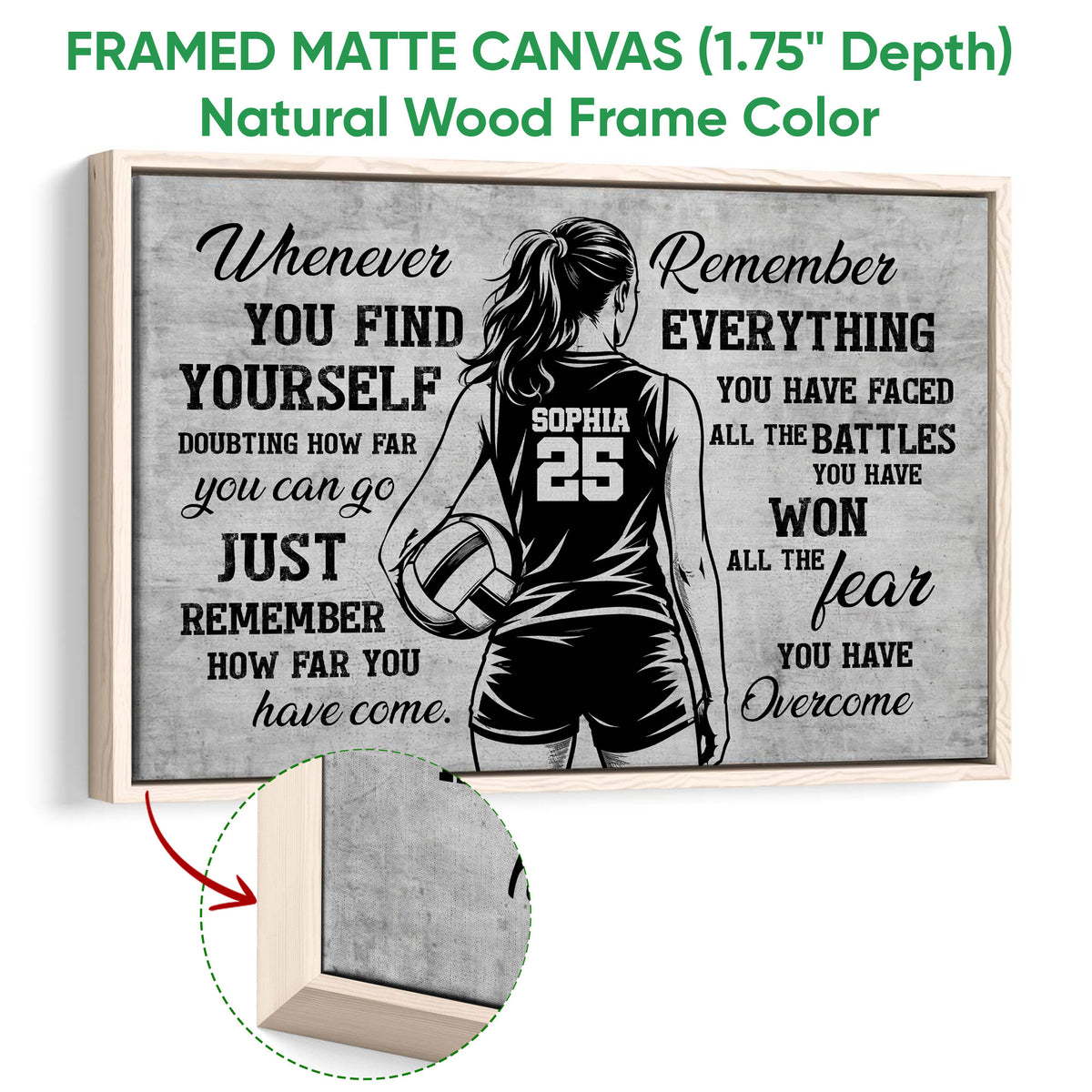 Natural wood framed volleyball wall art featuring a female player and motivational sports message
