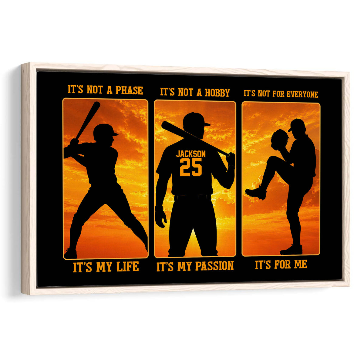 Framed baseball wall art with black silhouettes, orange sunset panels, and a natural wood frame