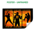 Unframed baseball poster with three black player silhouettes against a vivid orange sunset