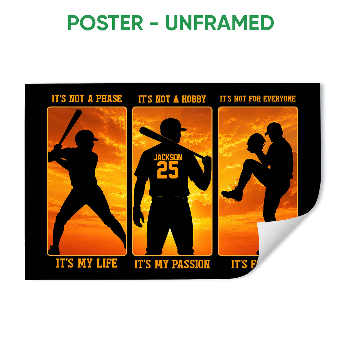 Unframed baseball poster with three black player silhouettes against a vivid orange sunset