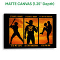 Matte canvas baseball wall art featuring batter, hitter, and pitcher silhouettes in orange and black
