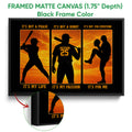 Black framed baseball canvas showing three player silhouettes against a dramatic orange sky