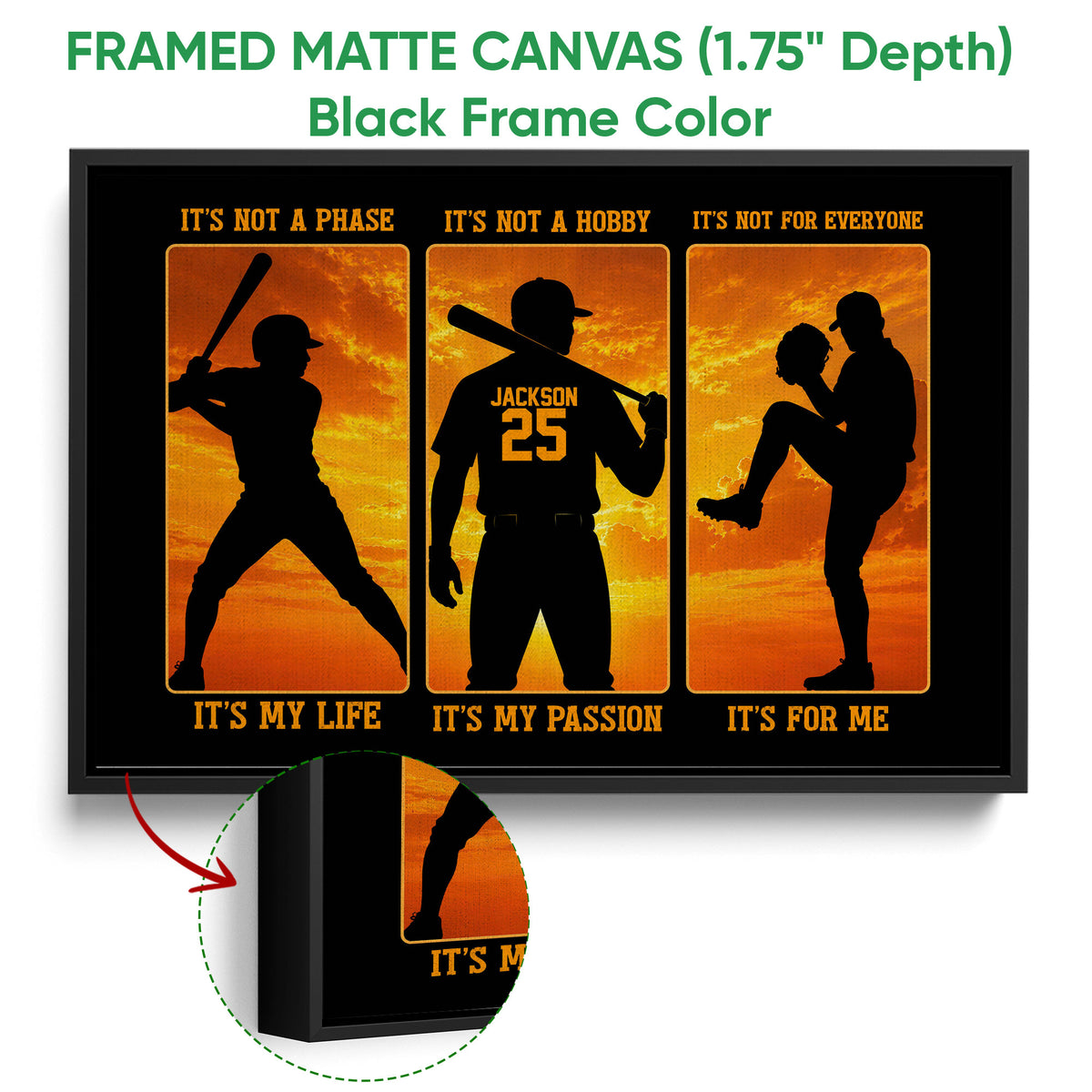 Black framed baseball canvas showing three player silhouettes against a dramatic orange sky