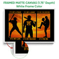 White framed baseball wall art with bold black silhouettes and warm orange sunset artwork