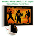 Natural wood framed baseball canvas with batter, player, and pitcher silhouettes in orange tones