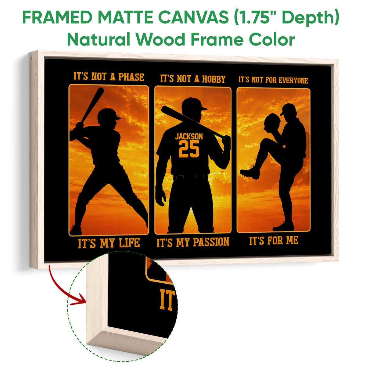 Natural wood framed baseball canvas with batter, player, and pitcher silhouettes in orange tones