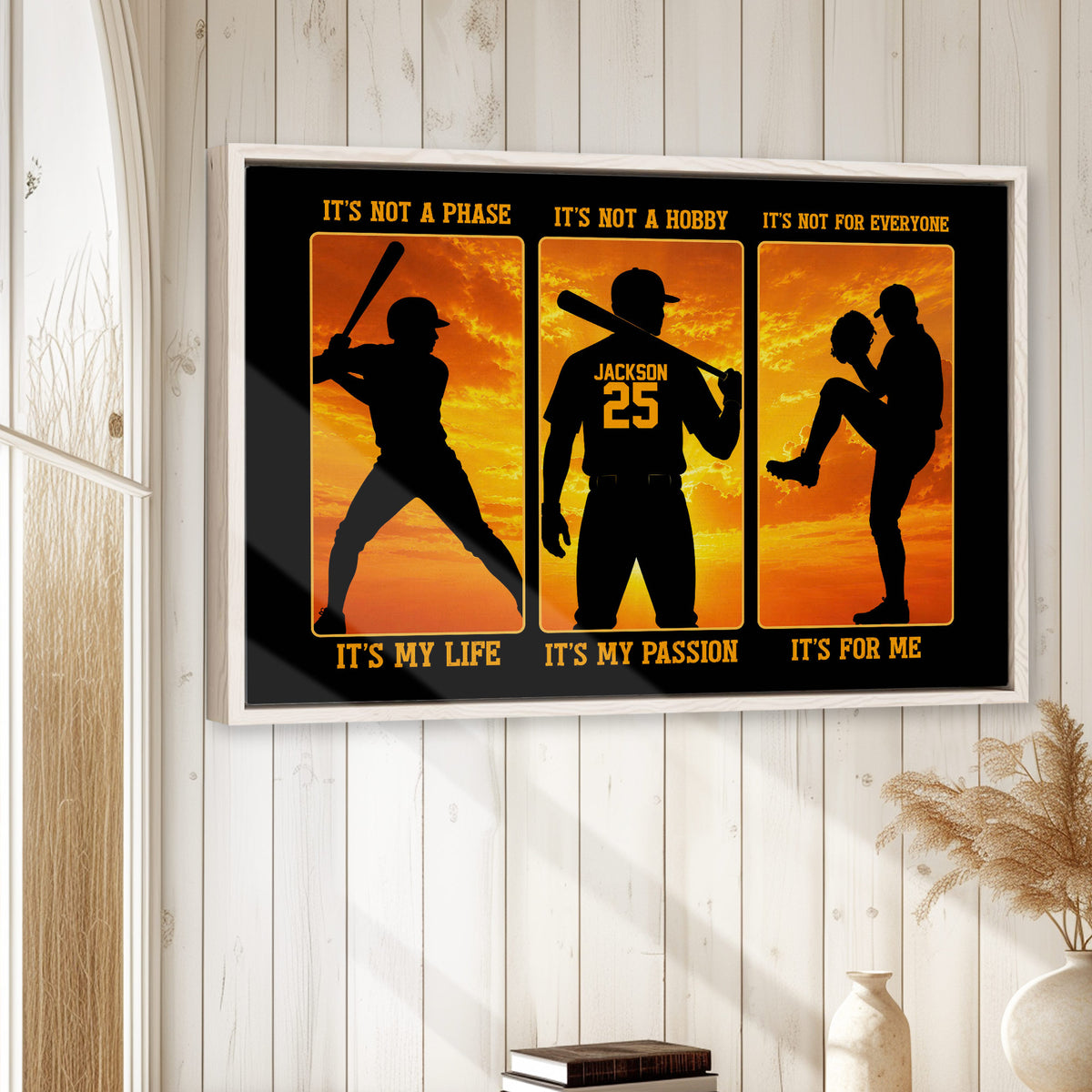 Baseball wall art displayed in a bright room with white wood paneling and a natural frame