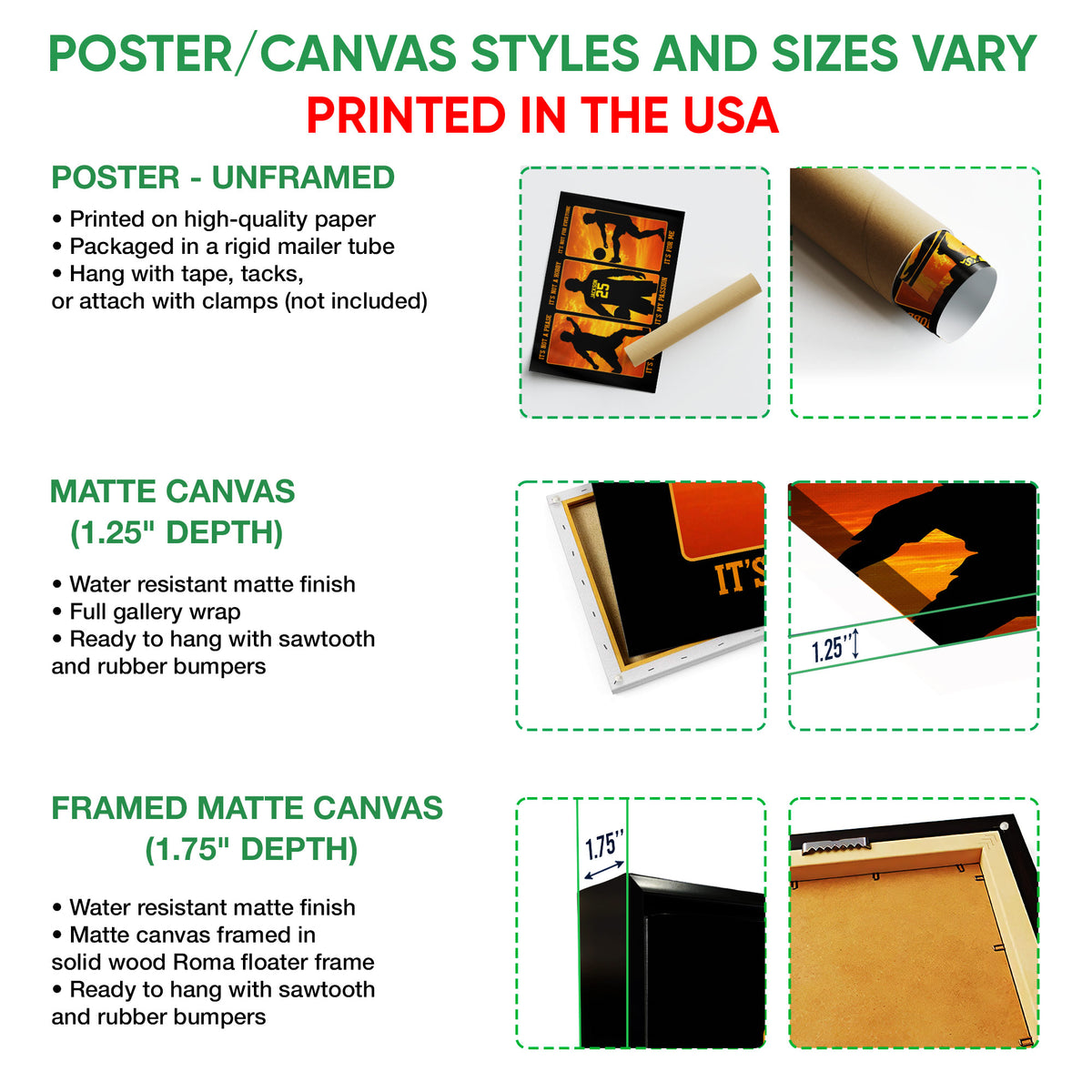 Soccer wall art format guide showing poster, matte canvas, and framed canvas options