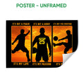 Unframed soccer poster featuring three action silhouettes against a dramatic orange sunset