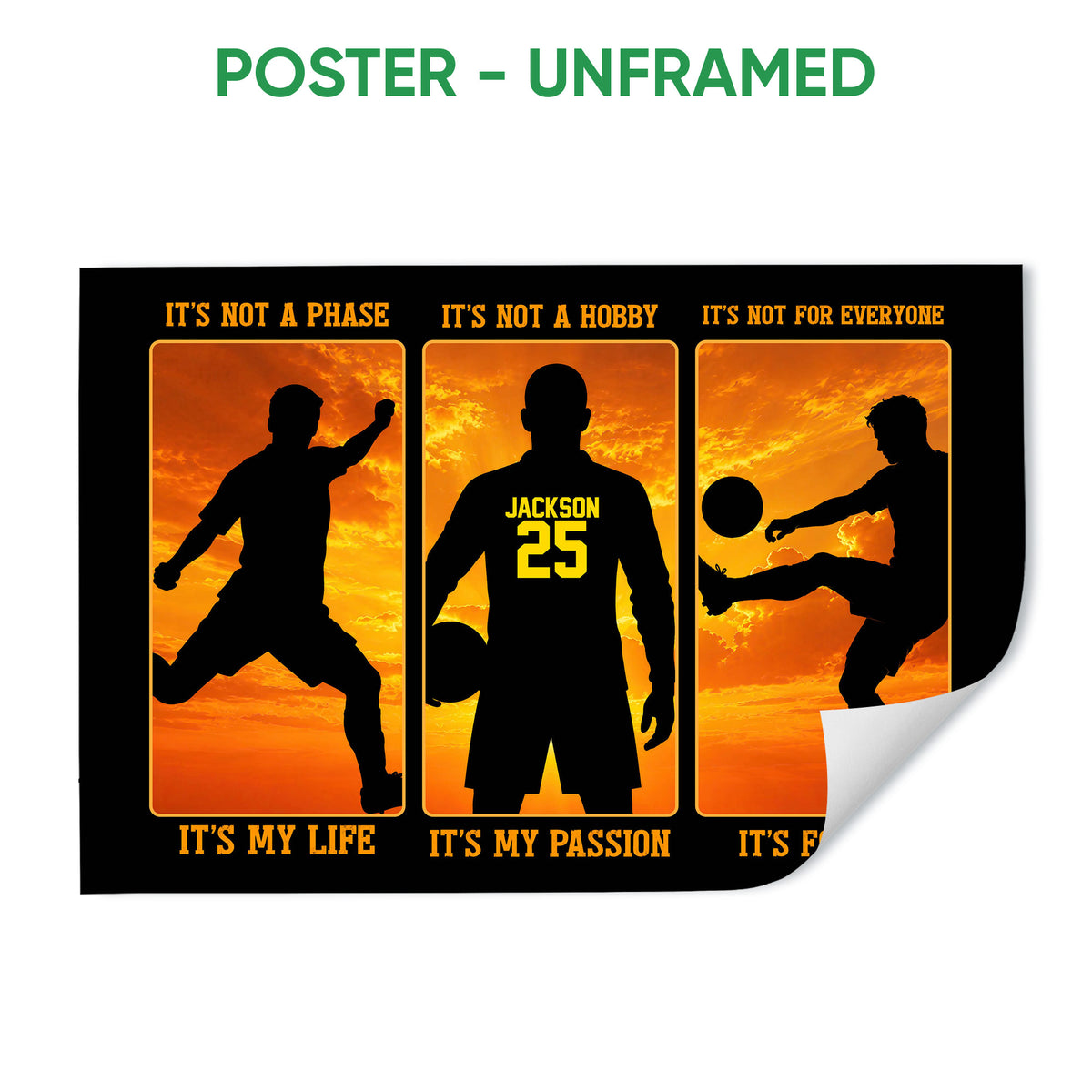 Unframed soccer poster featuring three action silhouettes against a dramatic orange sunset