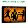 Matte canvas soccer wall art with silhouetted players and bold orange and black artwork