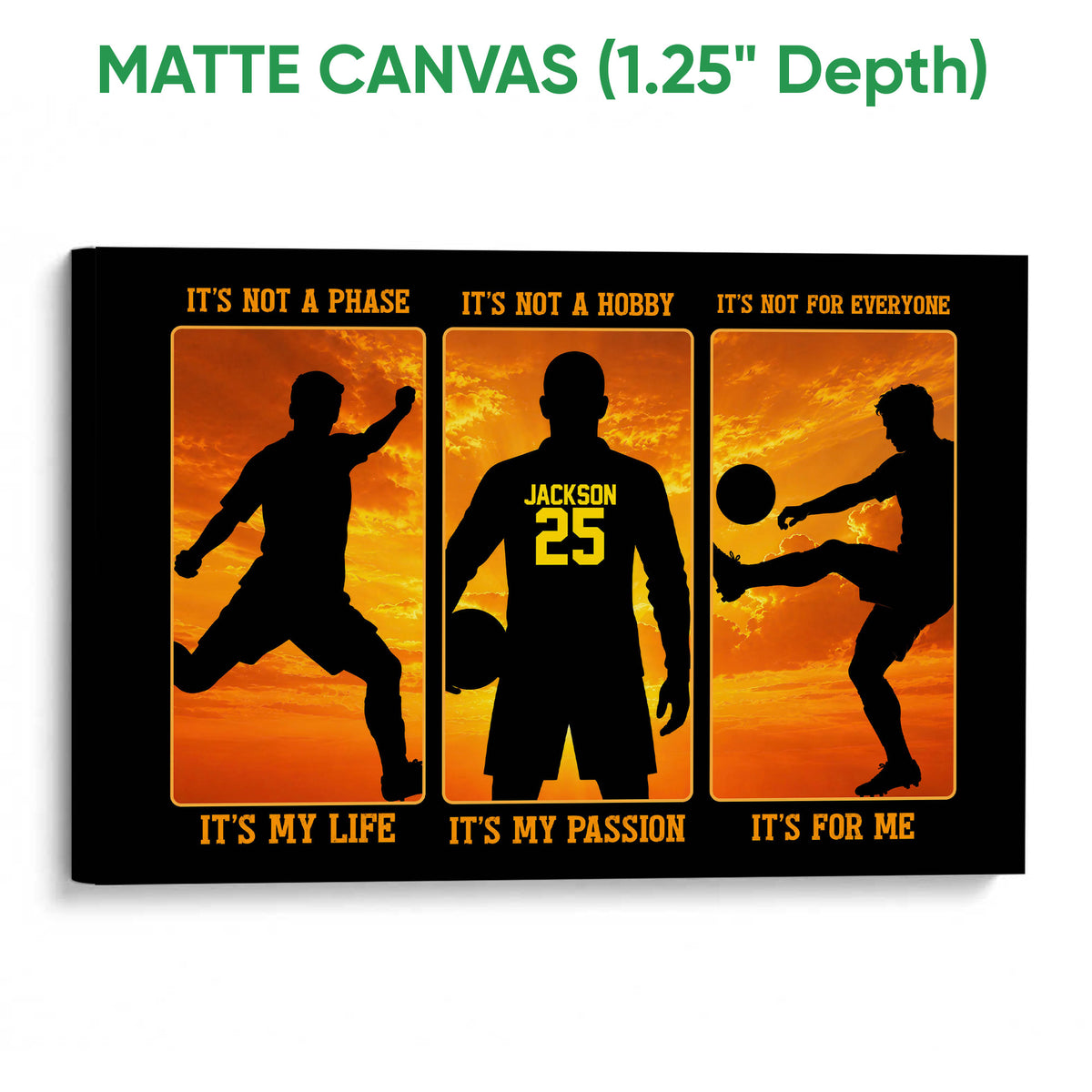 Matte canvas soccer wall art with silhouetted players and bold orange and black artwork