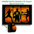 Black framed soccer canvas featuring three player silhouettes in a dramatic sunset scene