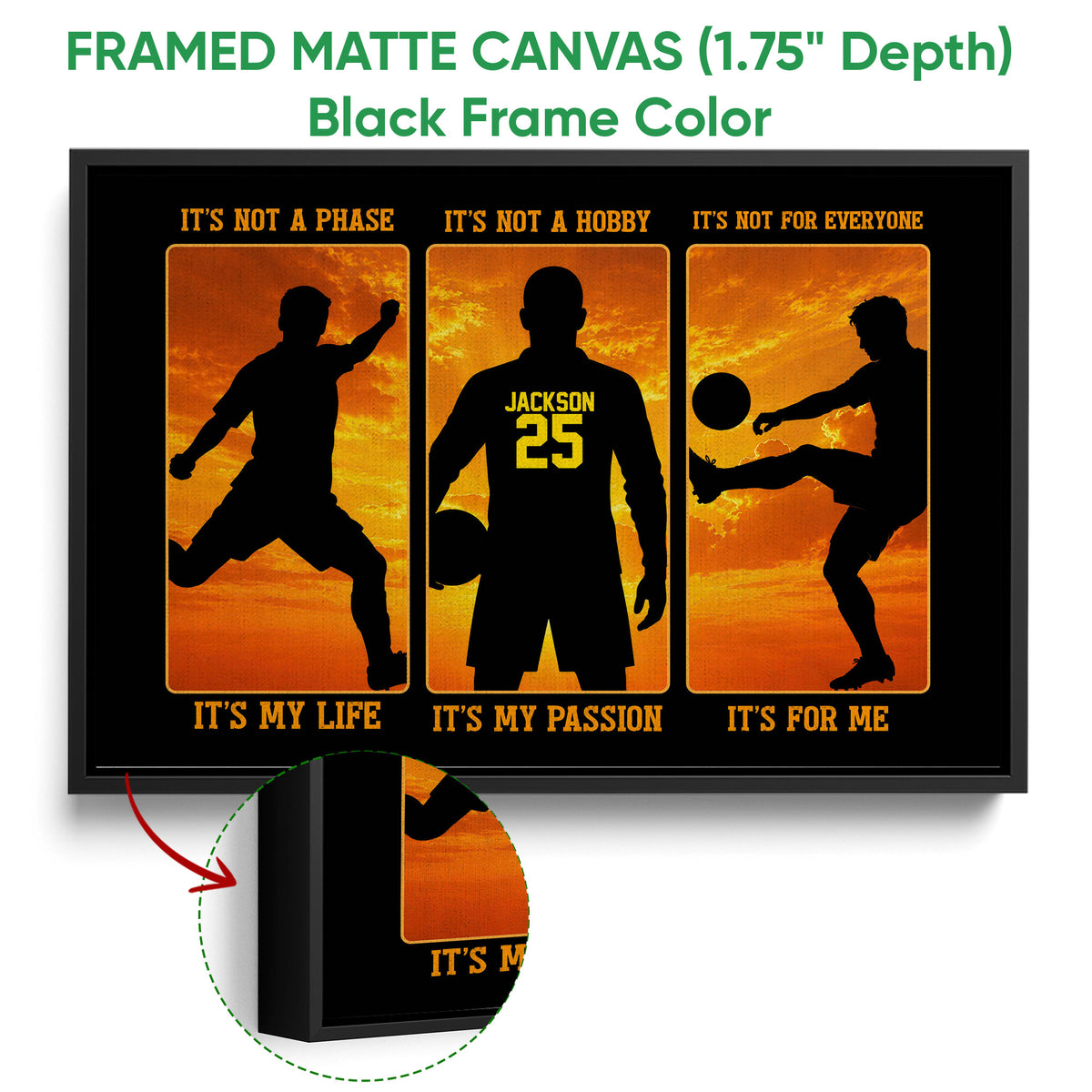 Black framed soccer canvas featuring three player silhouettes in a dramatic sunset scene