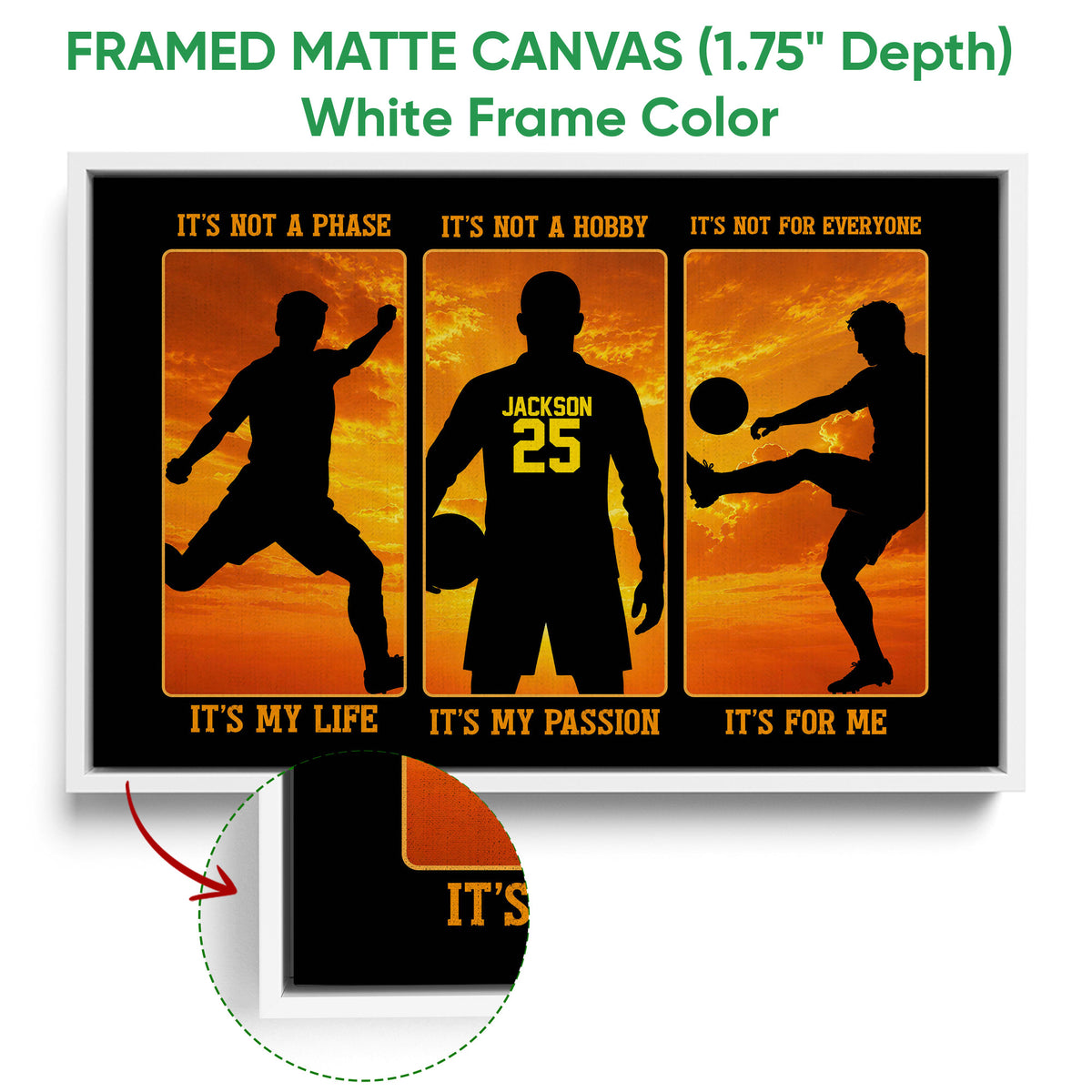 White framed soccer canvas wall art with silhouetted players and vivid orange sky