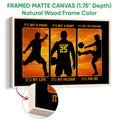 Natural wood framed soccer wall art displaying three silhouetted players in action
